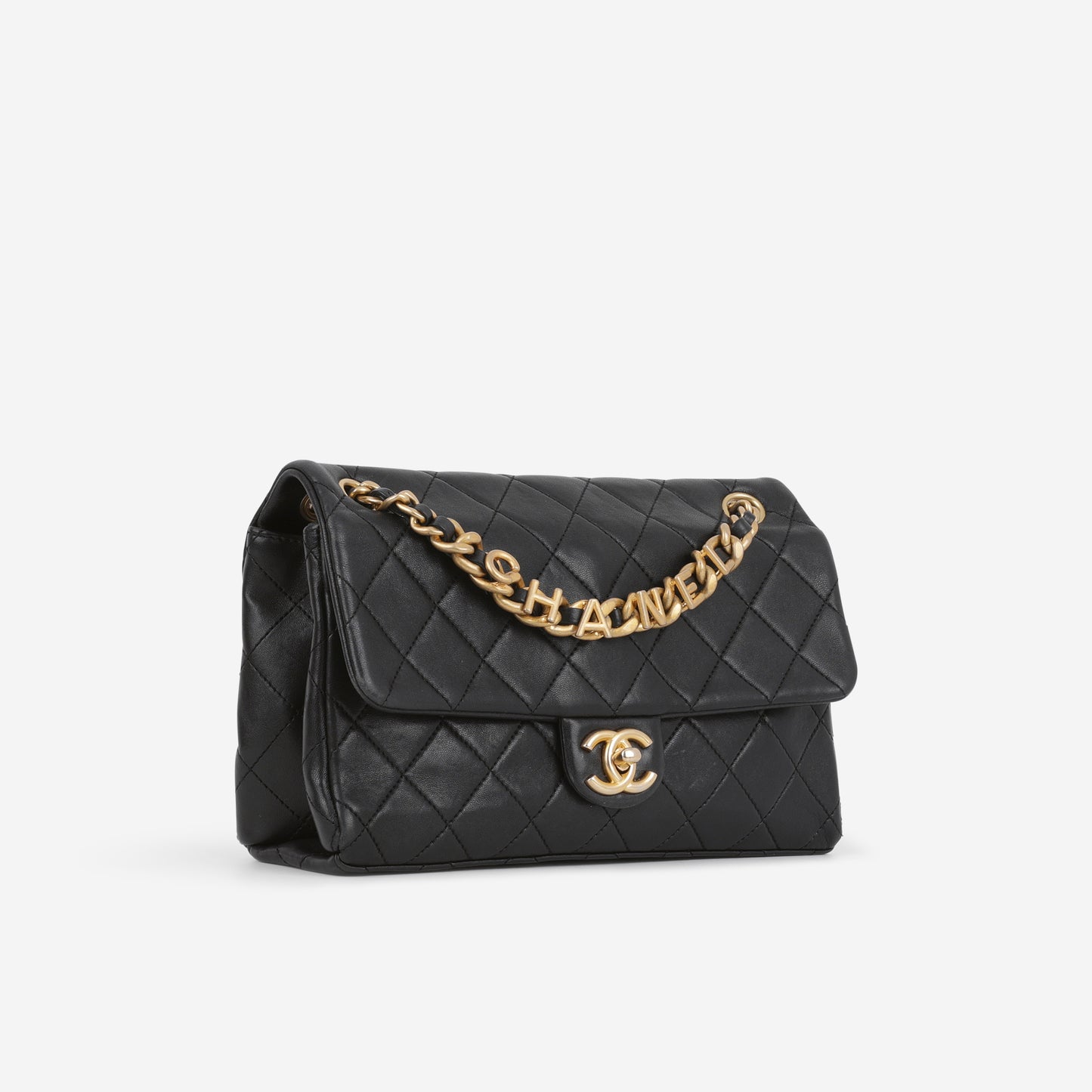 Chanel Logo Chain Flap Bag - Black Lambskin | Aged Gold Hardware