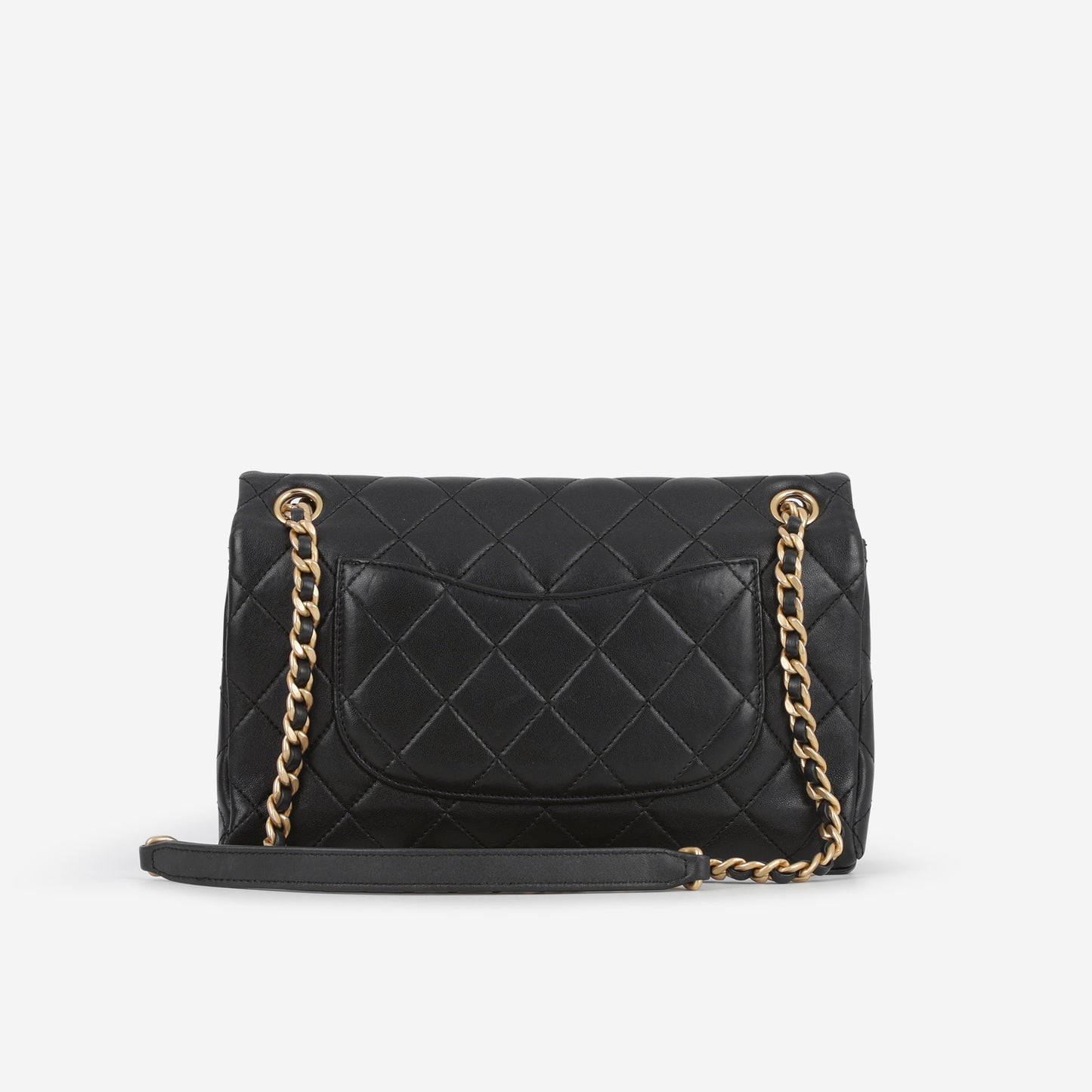 Chanel Logo Chain Flap Bag - Black Lambskin | Aged Gold Hardware