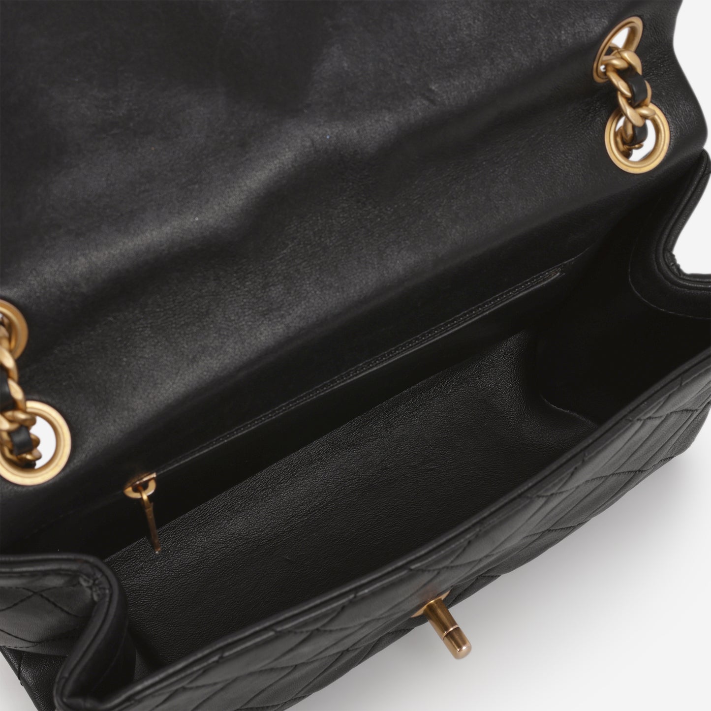 Chanel Logo Chain Flap Bag - Black Lambskin | Aged Gold Hardware