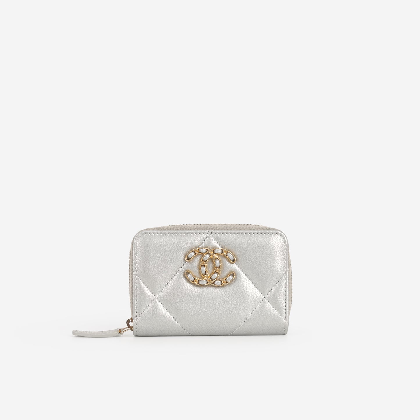 Chanel 19 Zipped Coin Purse - Silver Metallic Lambskin | Gold Hardware