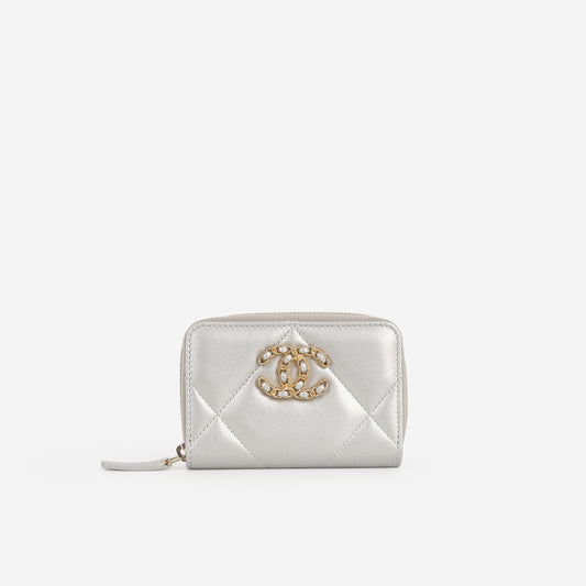 Chanel 19 Zipped Coin Purse - Silver Metallic Lambskin | Gold Hardware