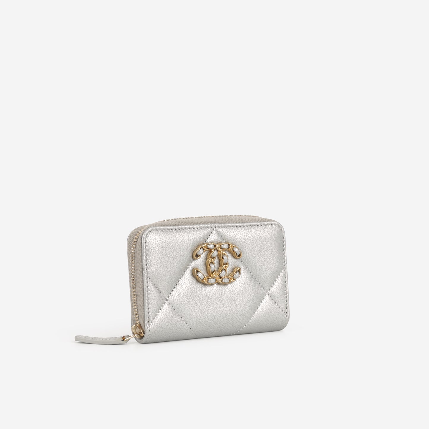 Chanel 19 Zipped Coin Purse - Silver Metallic Lambskin | Gold Hardware