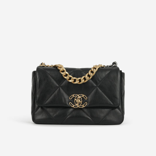 Chanel Small 19 Flap Bag - Black Lambskin | Gold & Silver Hardware