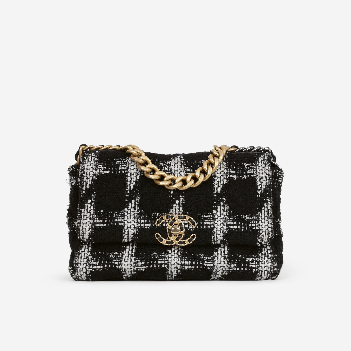 Chanel Small 19 Flap Bag - Black/White Houndstooth Tweed | Gold & Silver Hardware
