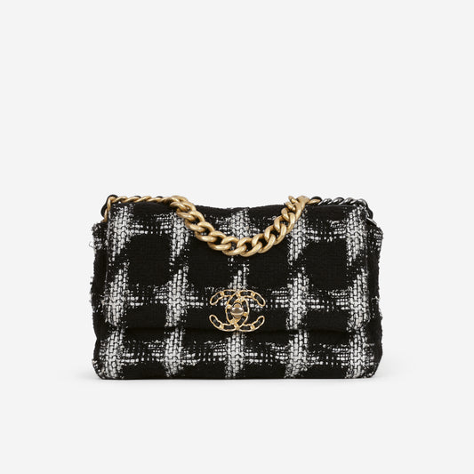 Chanel Small 19 Flap Bag - Black/White Houndstooth Tweed | Gold & Silver Hardware