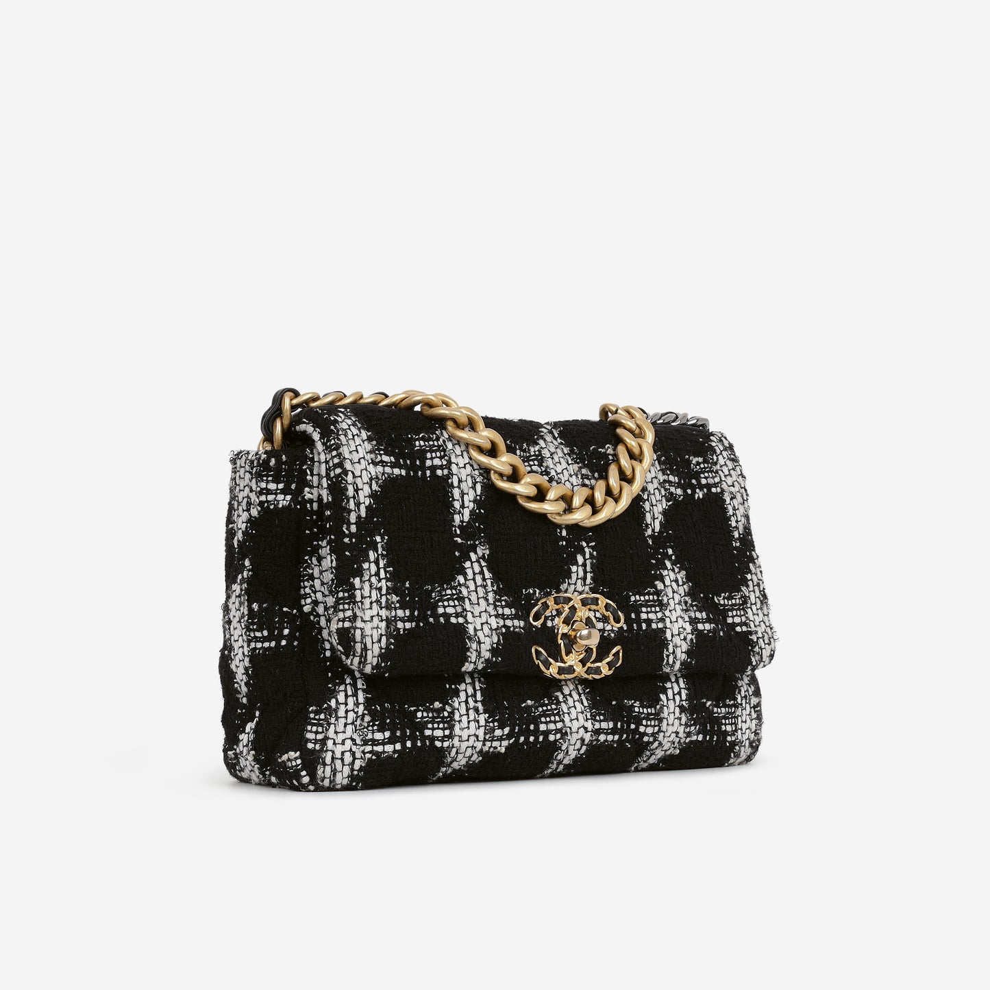 Chanel Small 19 Flap Bag - Black/White Houndstooth Tweed | Gold & Silver Hardware