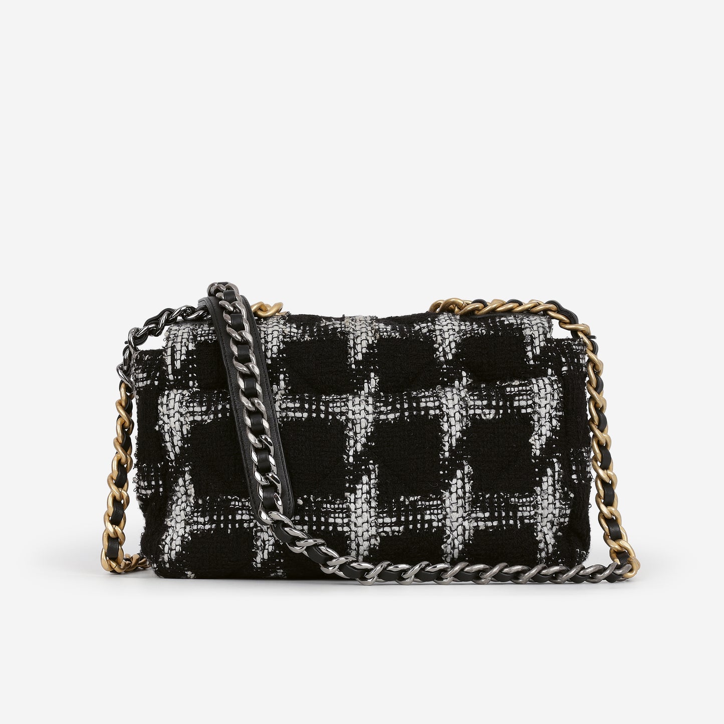 Chanel Small 19 Flap Bag - Black/White Houndstooth Tweed | Gold & Silver Hardware