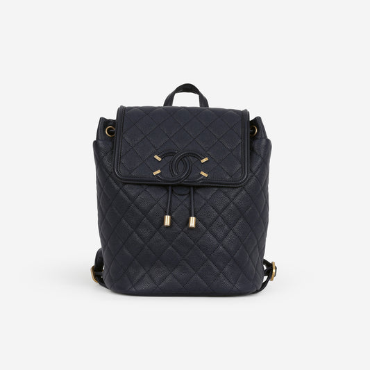 Chanel Filigree CC Backpack - Navy Caviar | Aged Gold Hardware
