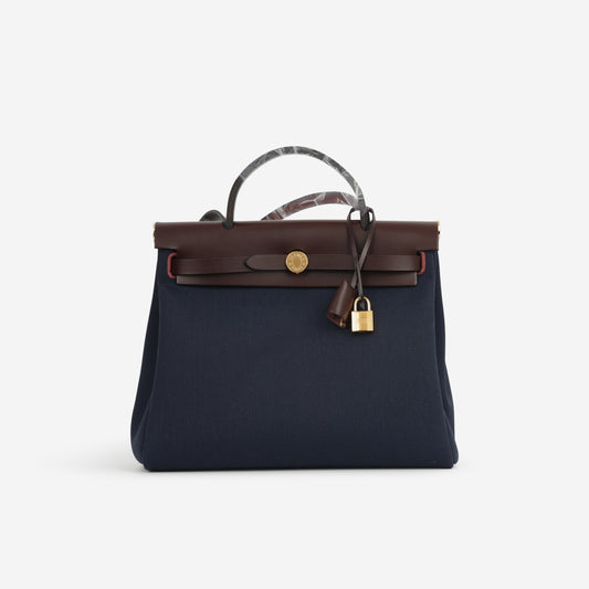 Hermès Herbag 31 - Bleu Marine Canvas / Rouge Sellier Hunter | Gold Hardware