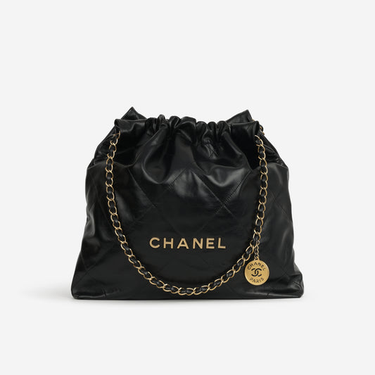 Chanel Medium 22 Hobo - Black Shiny Calfskin | Aged Gold Hardware
