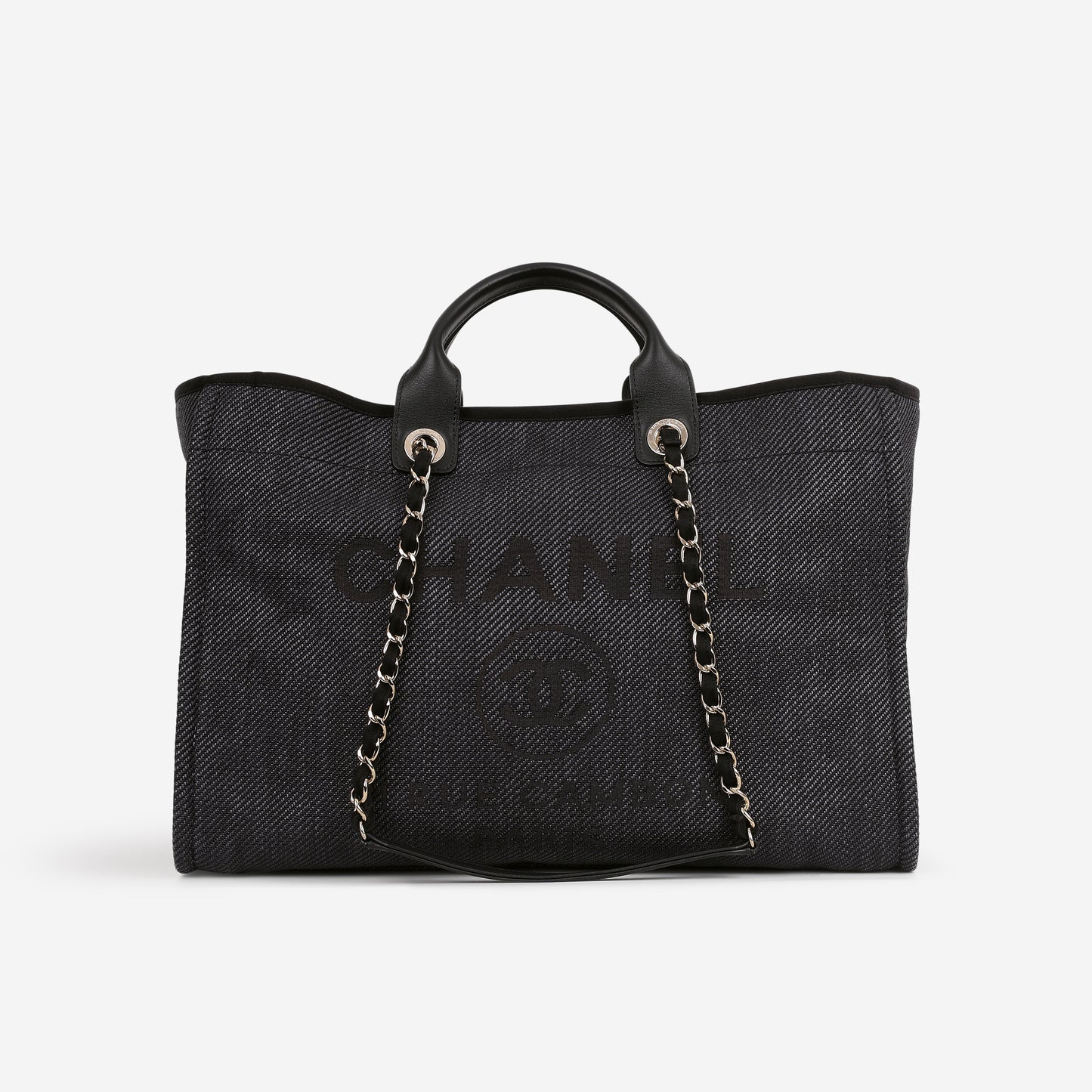 Chanel Large Deauville - Navy Raffia / Canvas | Champagne Gold Hardware
