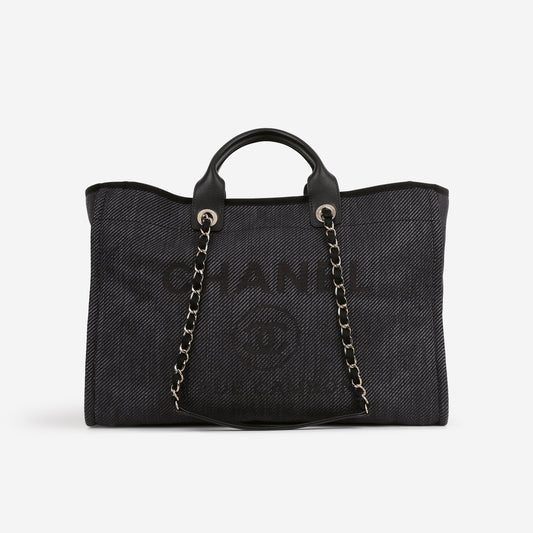 Chanel Large Deauville - Navy Raffia / Canvas | Champagne Gold Hardware