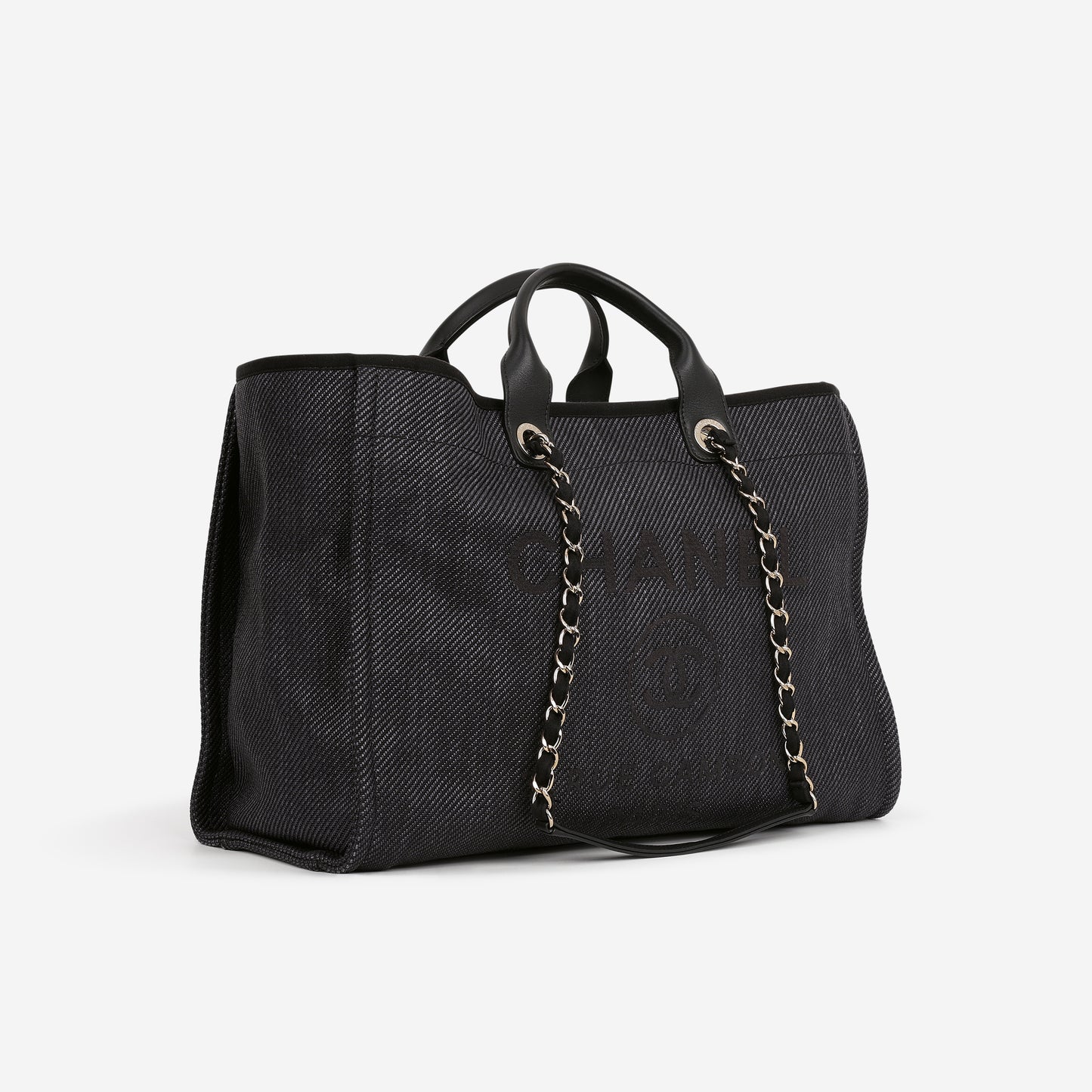 Chanel Large Deauville - Navy Raffia / Canvas | Champagne Gold Hardware