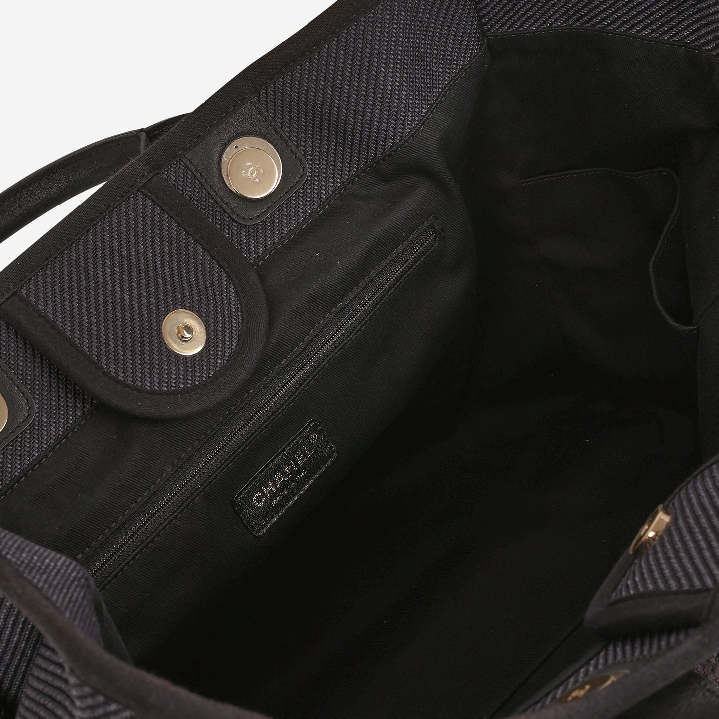 Chanel Large Deauville - Navy Raffia / Canvas | Champagne Gold Hardware