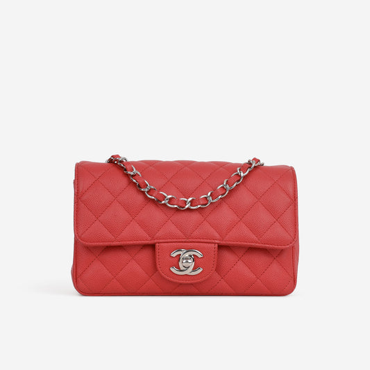 Chanel Mini Rectangular - Coral Red Matte Caviar | Silver Hardware