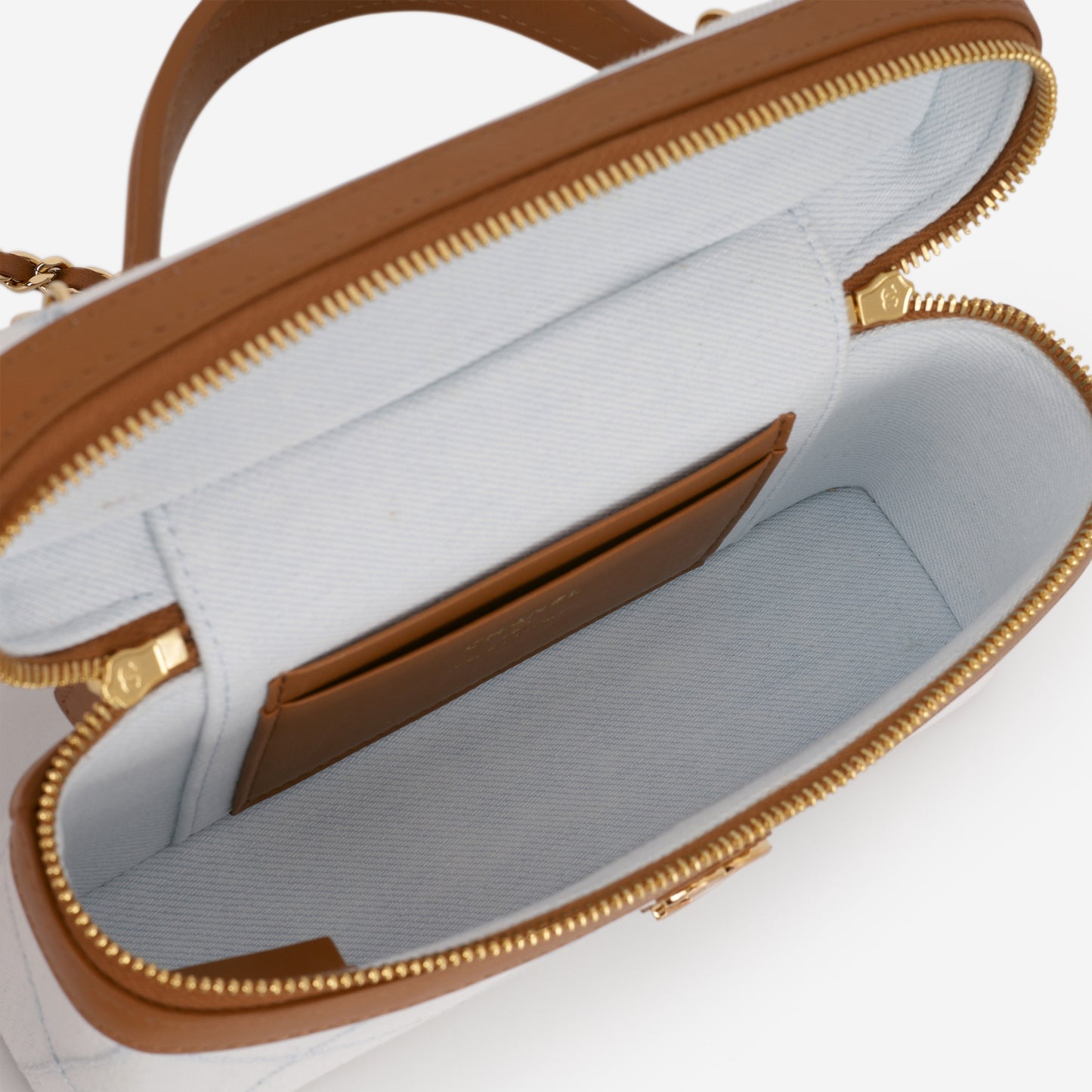 Chanel Coco Beach Vanity with Top Handle - Denim / Tan Leather | Champagne Gold Hardware