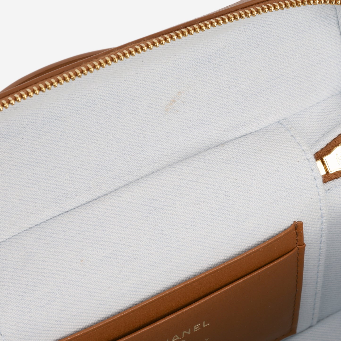 Chanel Coco Beach Vanity with Top Handle - Denim / Tan Leather | Champagne Gold Hardware