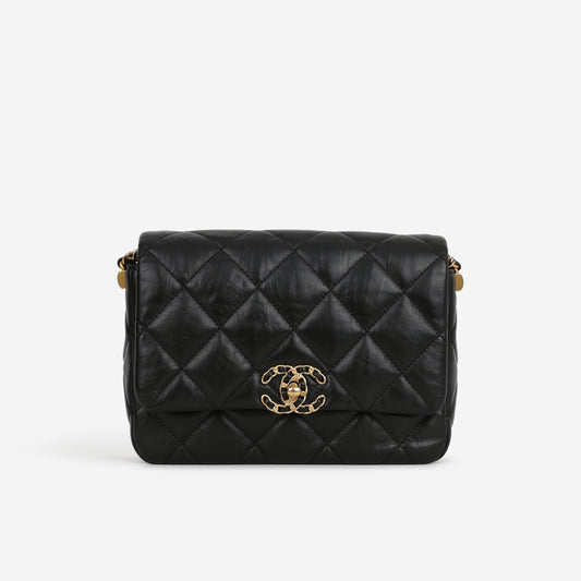 Chanel Seasonal 19 Mini Flap Bag - Black Calfskin | Antique Gold-tone Hardware