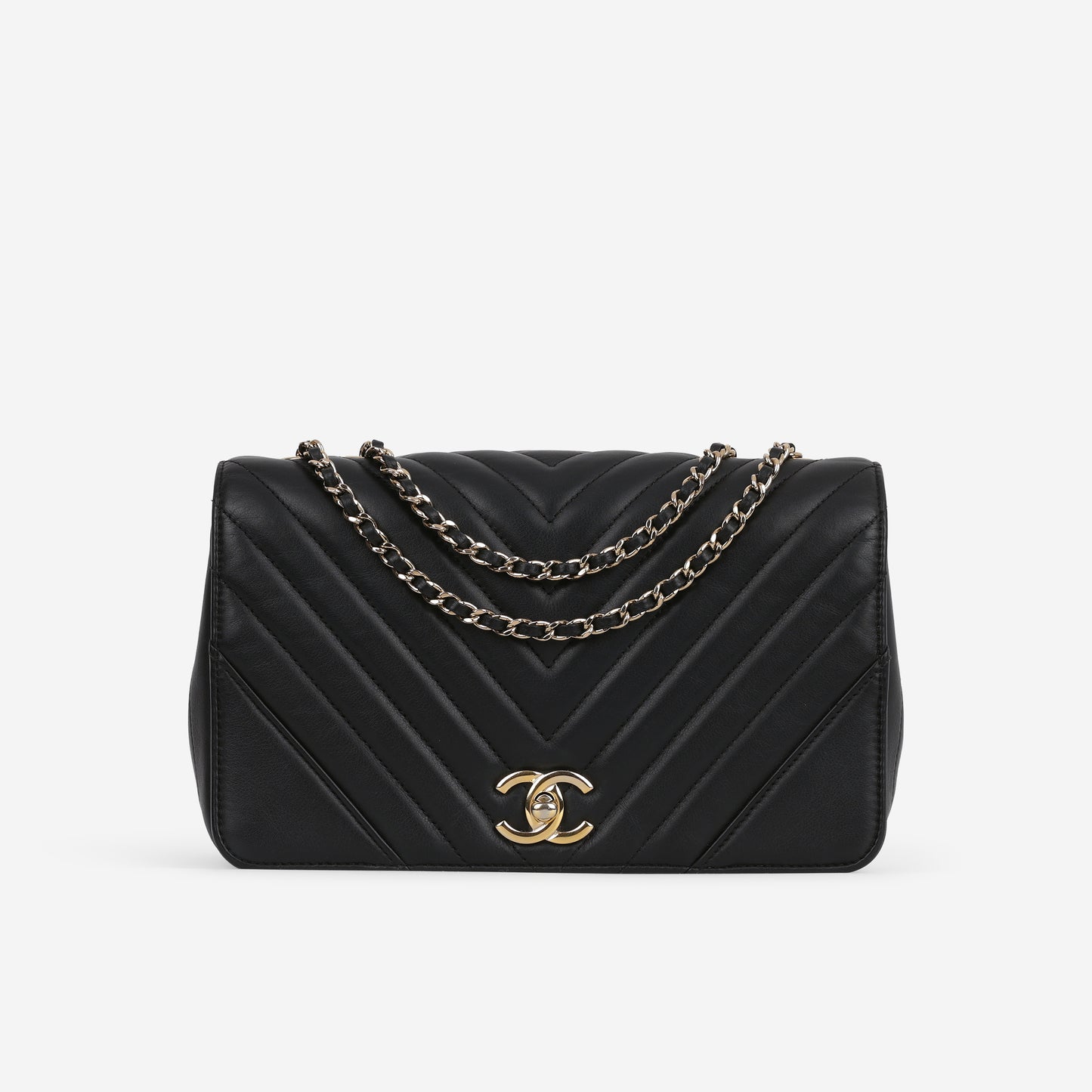 Chanel Chevron Statement Flap Bag - Black Lambskin | Champagne Gold Hardware