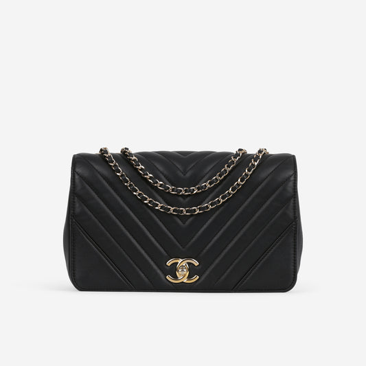 Chanel Chevron Statement Flap Bag - Black Lambskin | Champagne Gold Hardware