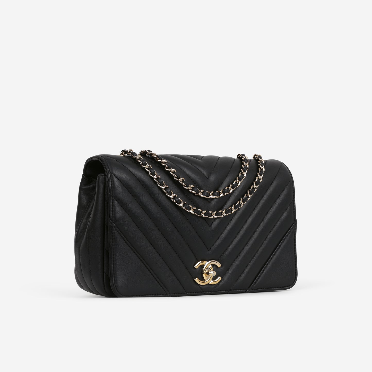 Chanel Chevron Statement Flap Bag - Black Lambskin | Champagne Gold Hardware