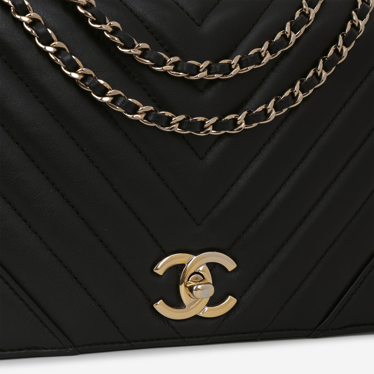 Chanel Chevron Statement Flap Bag - Black Lambskin | Champagne Gold Hardware