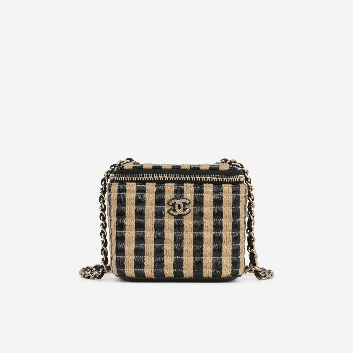 Chanel Mini Vanity on Chain - Black / Beige Striped Raffia | Champagne Gold Hardware