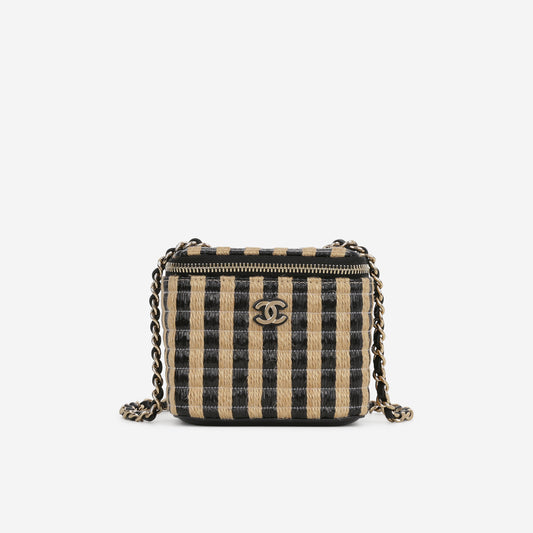 Chanel Mini Vanity on Chain - Black / Beige Striped Raffia | Champagne Gold Hardware