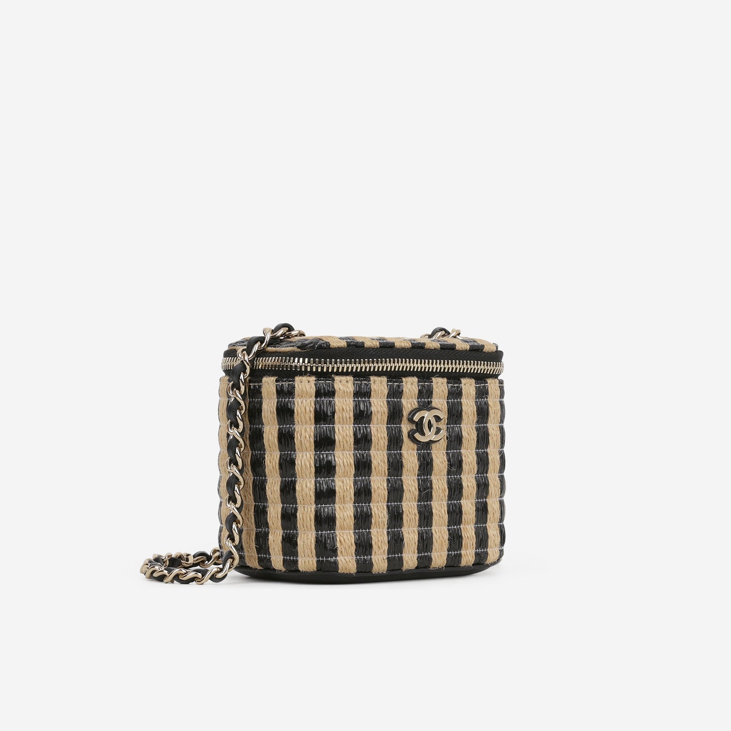 Chanel Mini Vanity on Chain - Black / Beige Striped Raffia | Champagne Gold Hardware