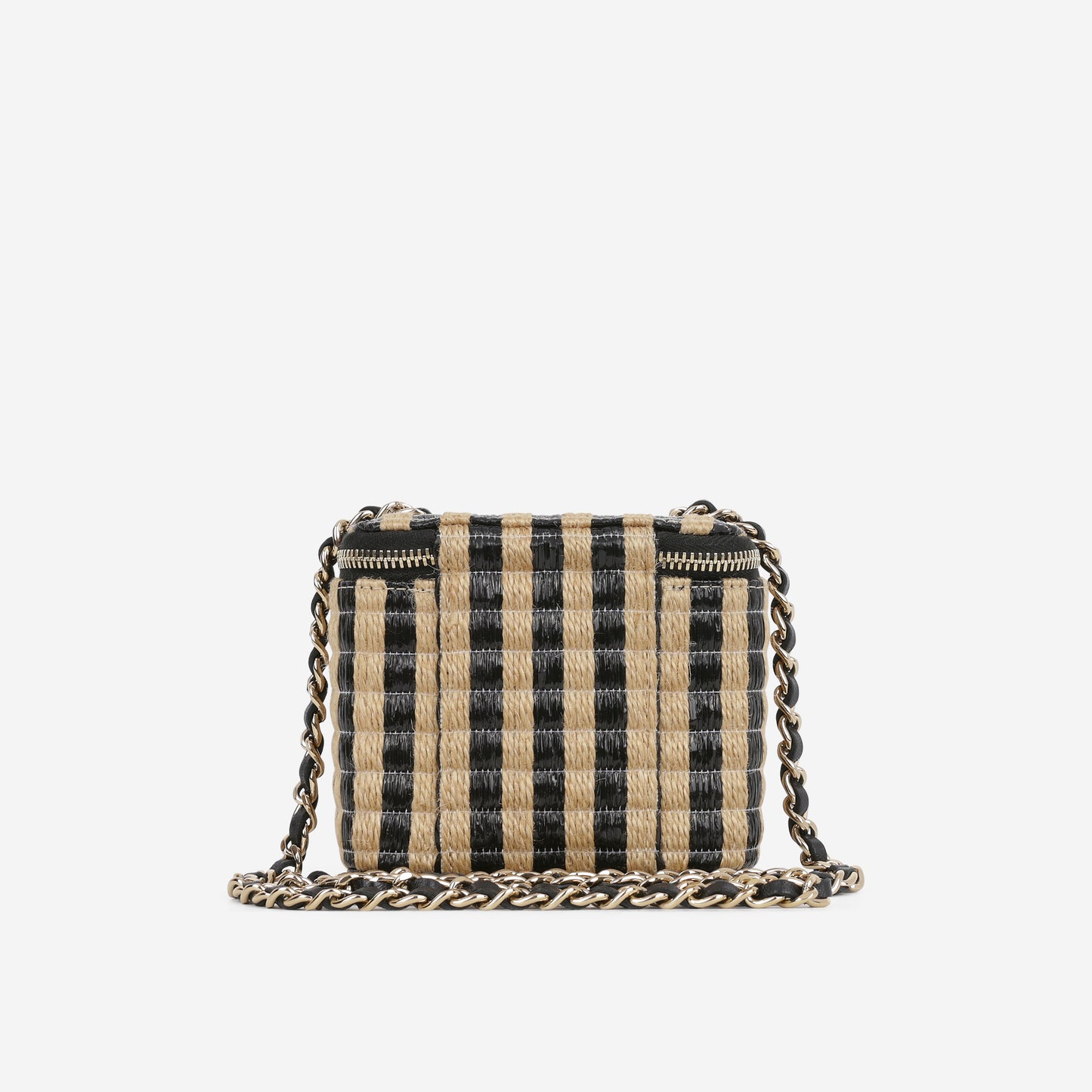 Chanel Mini Vanity on Chain - Black / Beige Striped Raffia | Champagne Gold Hardware