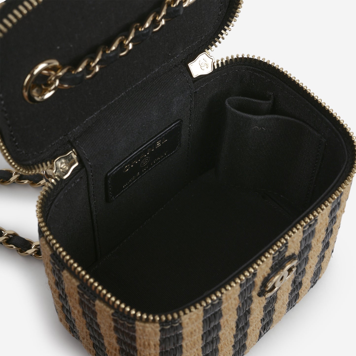 Chanel Mini Vanity on Chain - Black / Beige Striped Raffia | Champagne Gold Hardware