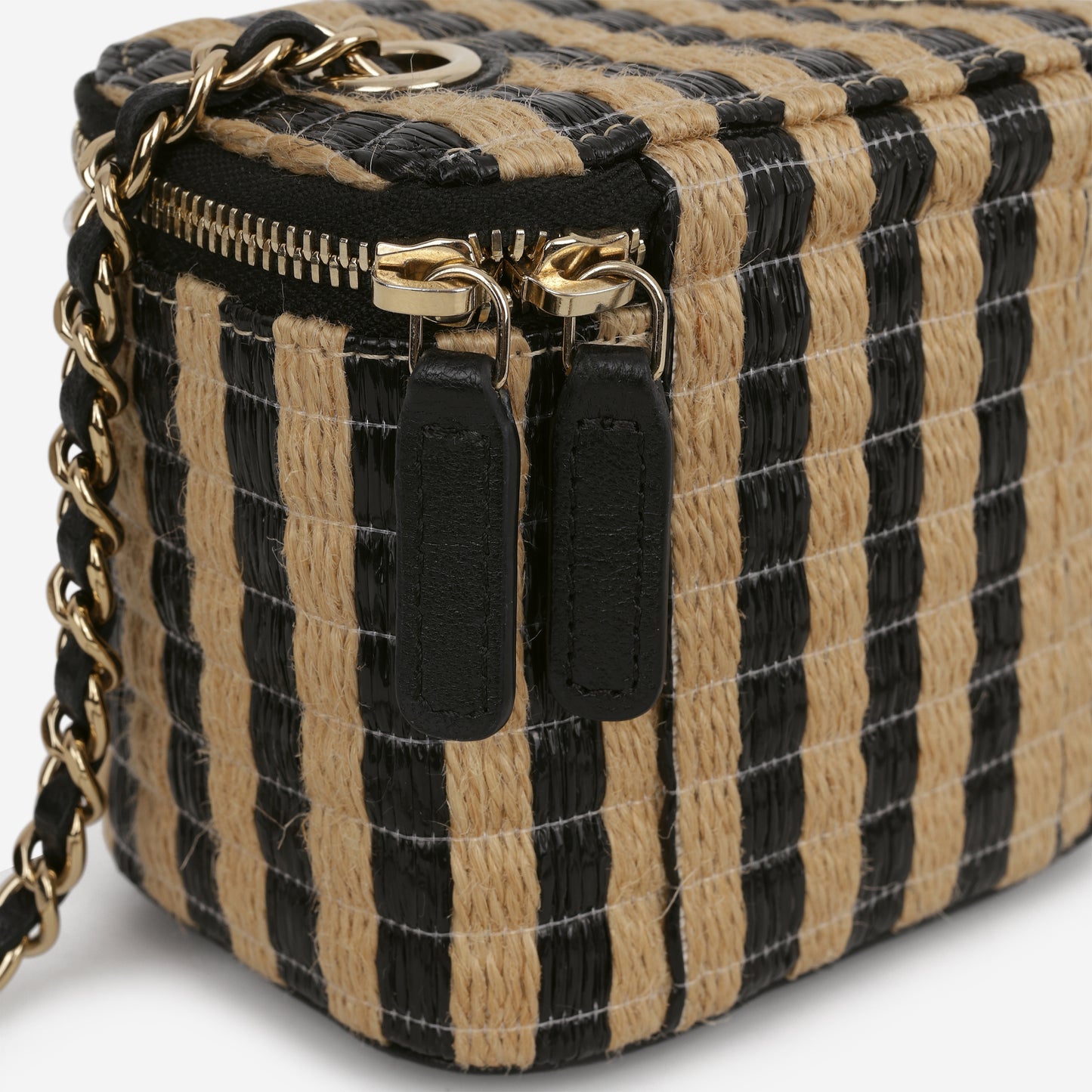 Chanel Mini Vanity on Chain - Black / Beige Striped Raffia | Champagne Gold Hardware