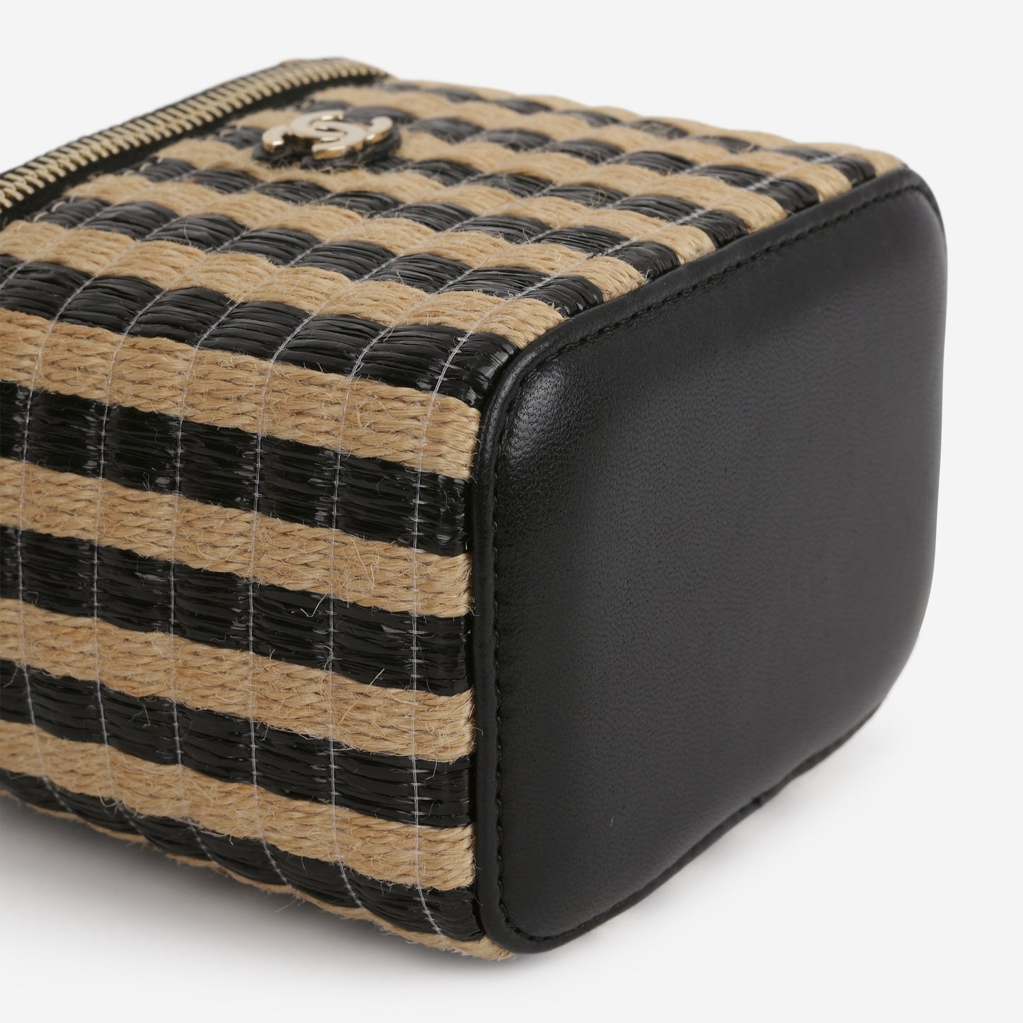 Chanel Mini Vanity on Chain - Black / Beige Striped Raffia | Champagne Gold Hardware