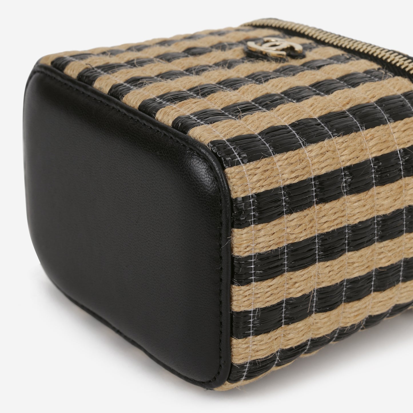 Chanel Mini Vanity on Chain - Black / Beige Striped Raffia | Champagne Gold Hardware