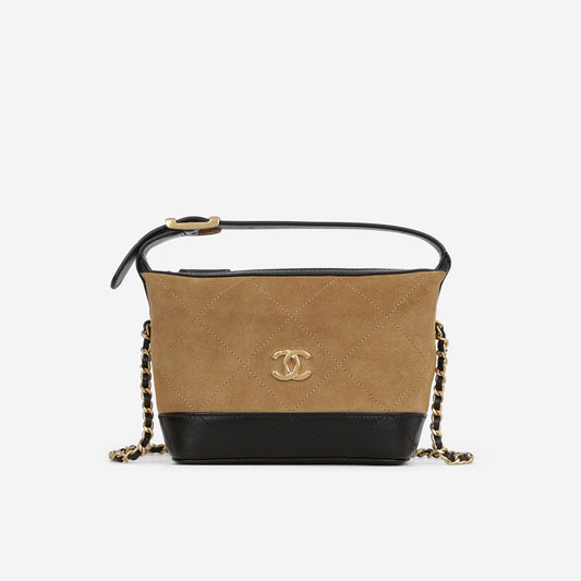 Chanel Mini Coco Base Clutch With Chain - Brown Suede and Black Shiny Lambskin | Aged Gold Hardware - Bagista