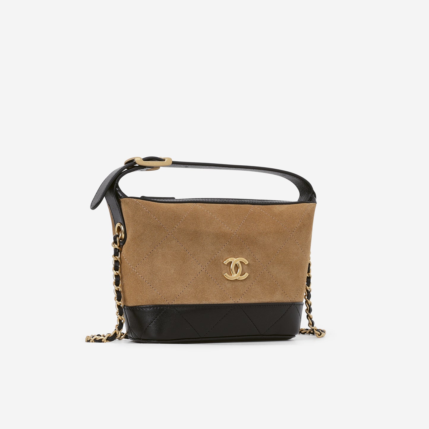 Chanel Mini Coco Base Clutch With Chain - Brown Suede and Black Shiny Lambskin | Aged Gold Hardware