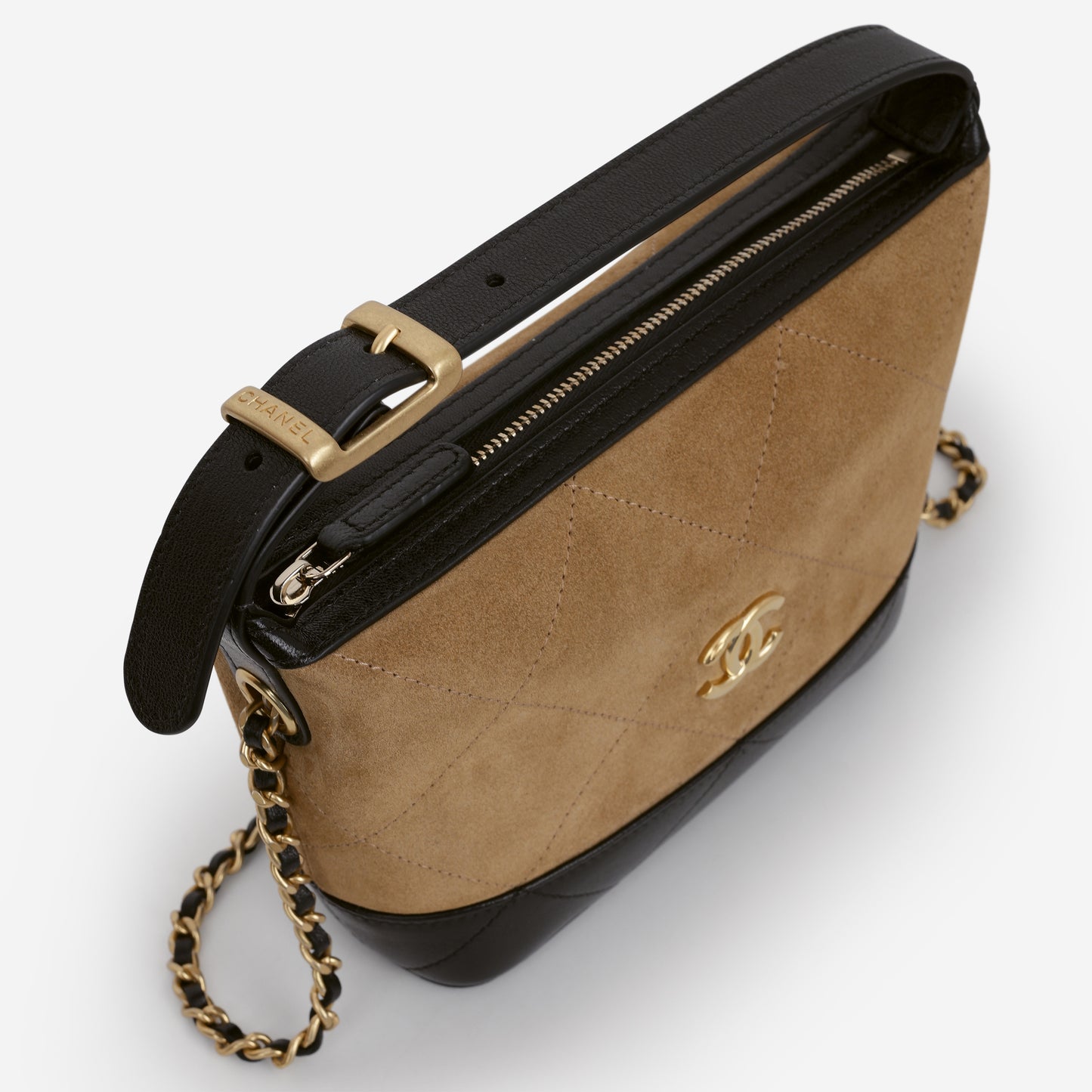 Chanel Mini Coco Base Clutch With Chain - Brown Suede and Black Shiny Lambskin | Aged Gold Hardware