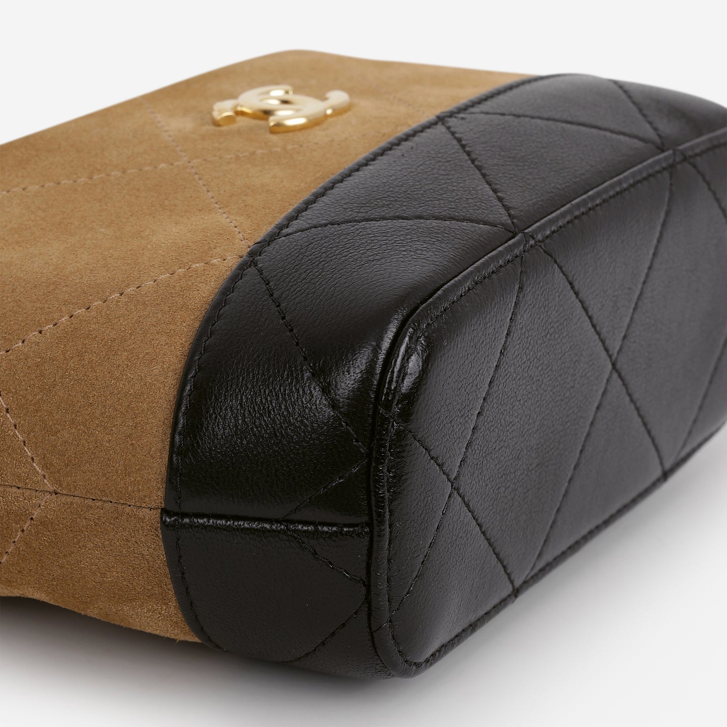 Chanel Mini Coco Base Clutch With Chain - Brown Suede and Black Shiny Lambskin | Aged Gold Hardware