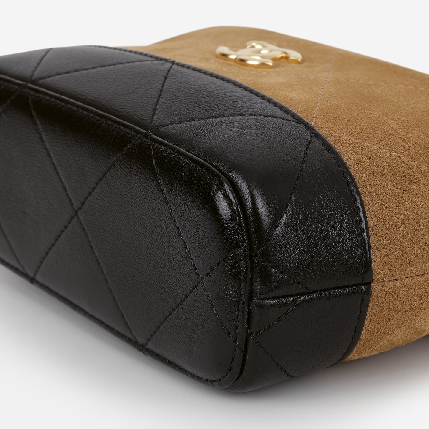 Chanel Mini Coco Base Clutch With Chain - Brown Suede and Black Shiny Lambskin | Aged Gold Hardware