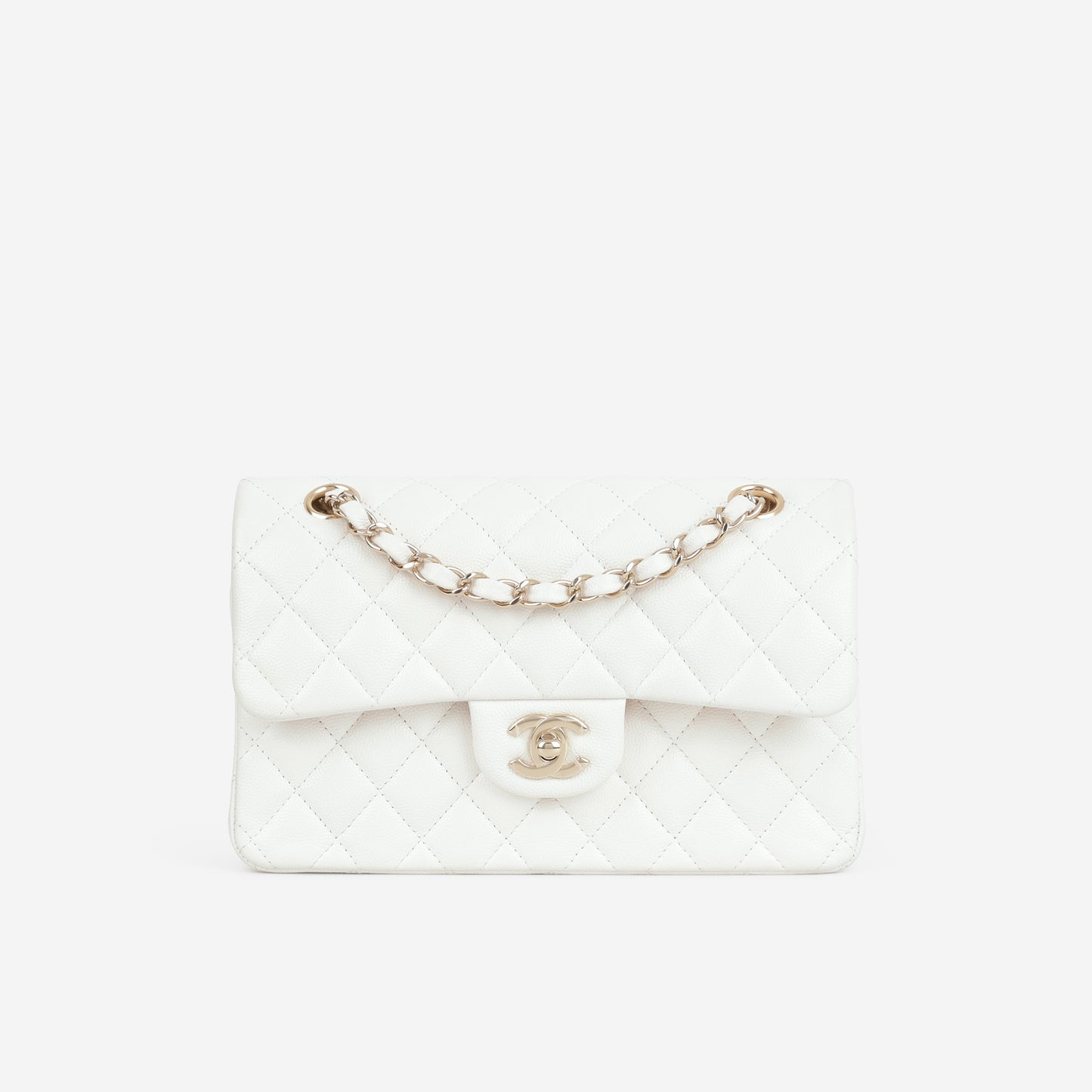 Chanel Small Classic Flap - White Caviar | Champagne Gold Hardware