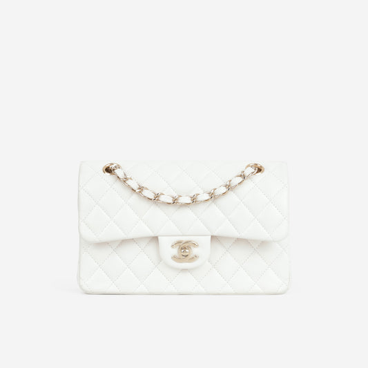 Chanel Small Classic Flap - White Caviar | Champagne Gold Hardware