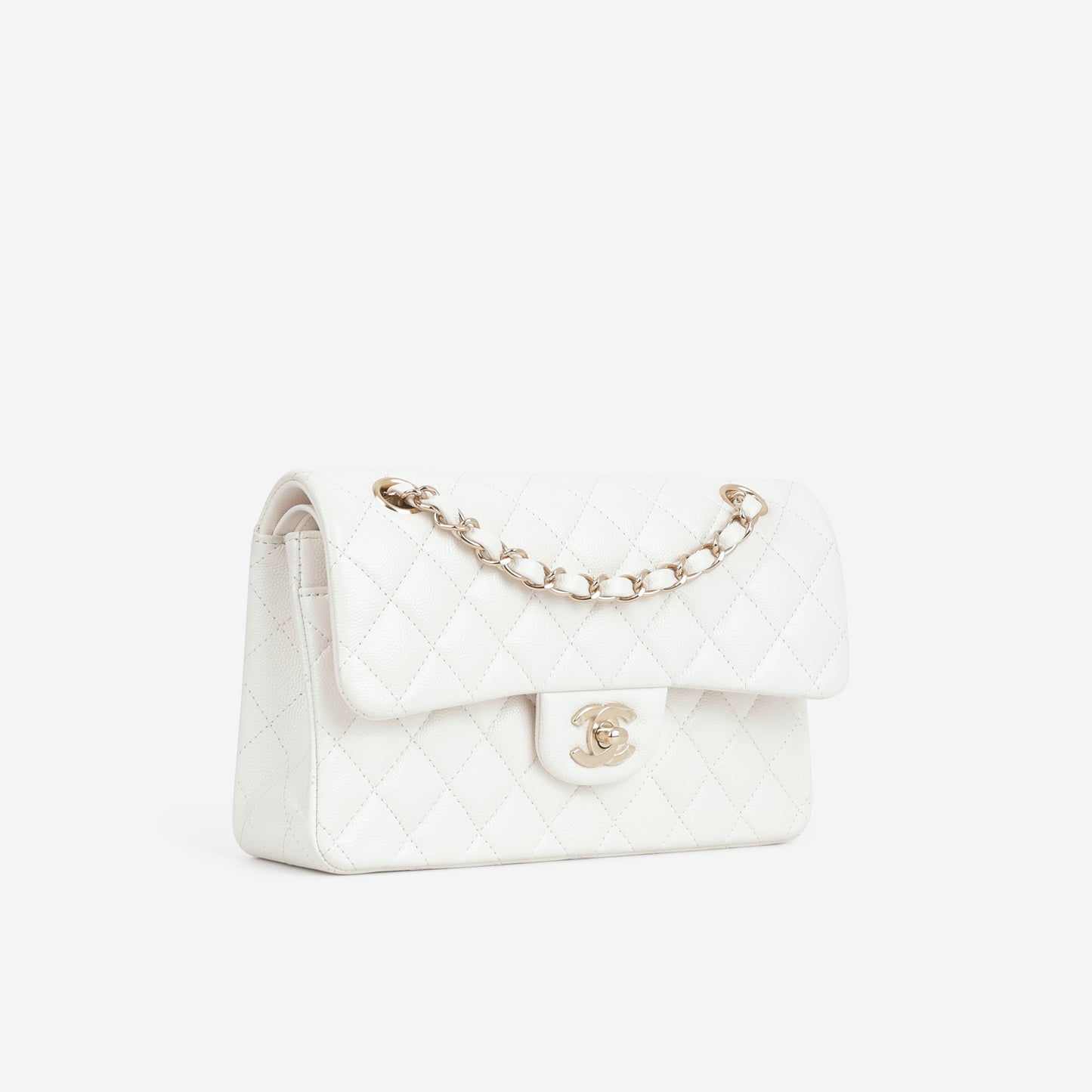 Chanel Small Classic Flap - White Caviar | Champagne Gold Hardware