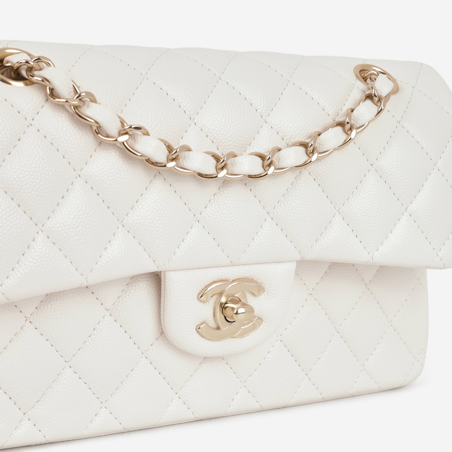 Chanel Small Classic Flap - White Caviar | Champagne Gold Hardware