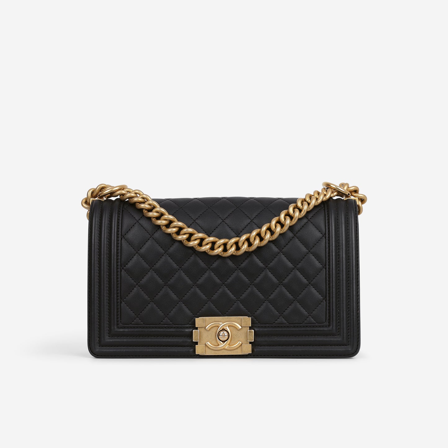 Chanel Old Medium Boy Bag - Black Lambskin | Aged Gold Hardware