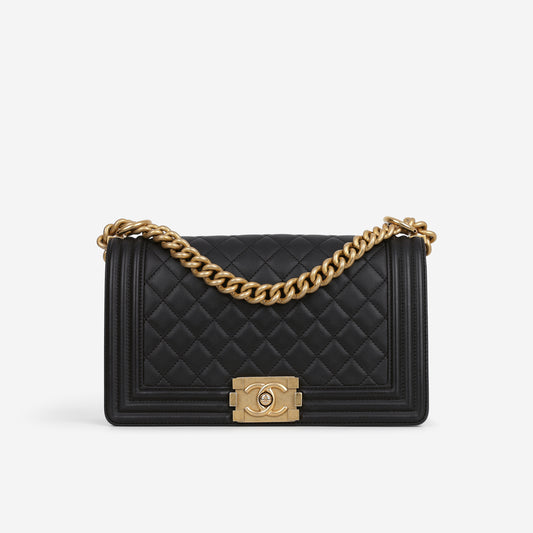 Chanel Old Medium Boy Bag - Black Lambskin | Aged Gold Hardware - Bagista