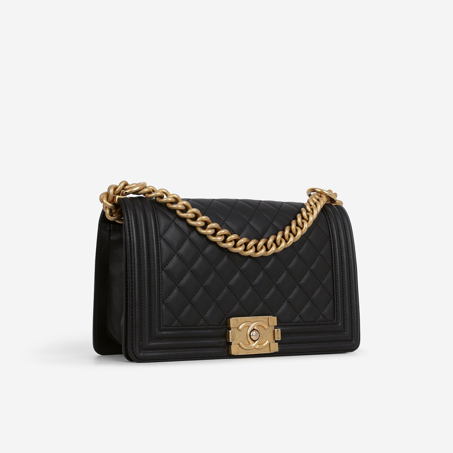 Chanel Old Medium Boy Bag - Black Lambskin | Aged Gold Hardware