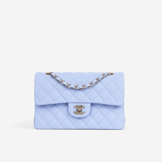 Chanel Small Classic Flap - Light Blue Caviar | Champagne Gold Hardware - Bagista