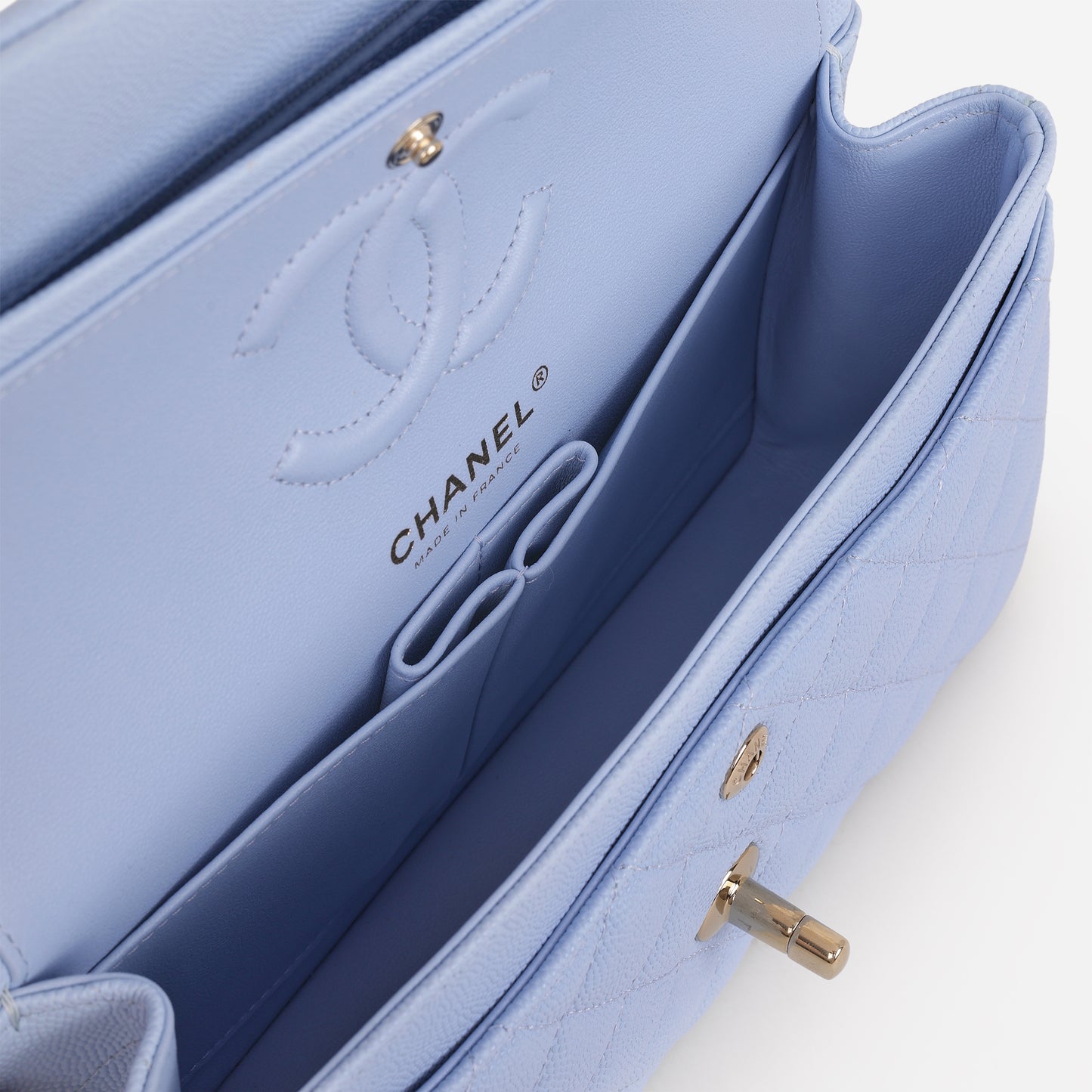 Chanel Small Classic Flap - Light Blue Caviar | Champagne Gold Hardware