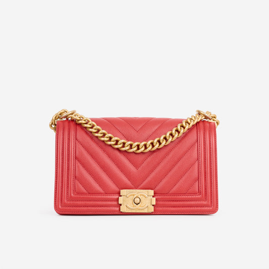 Chanel Old Medium Boy Bag - Red Chevron Caviar | Aged Gold Hardware