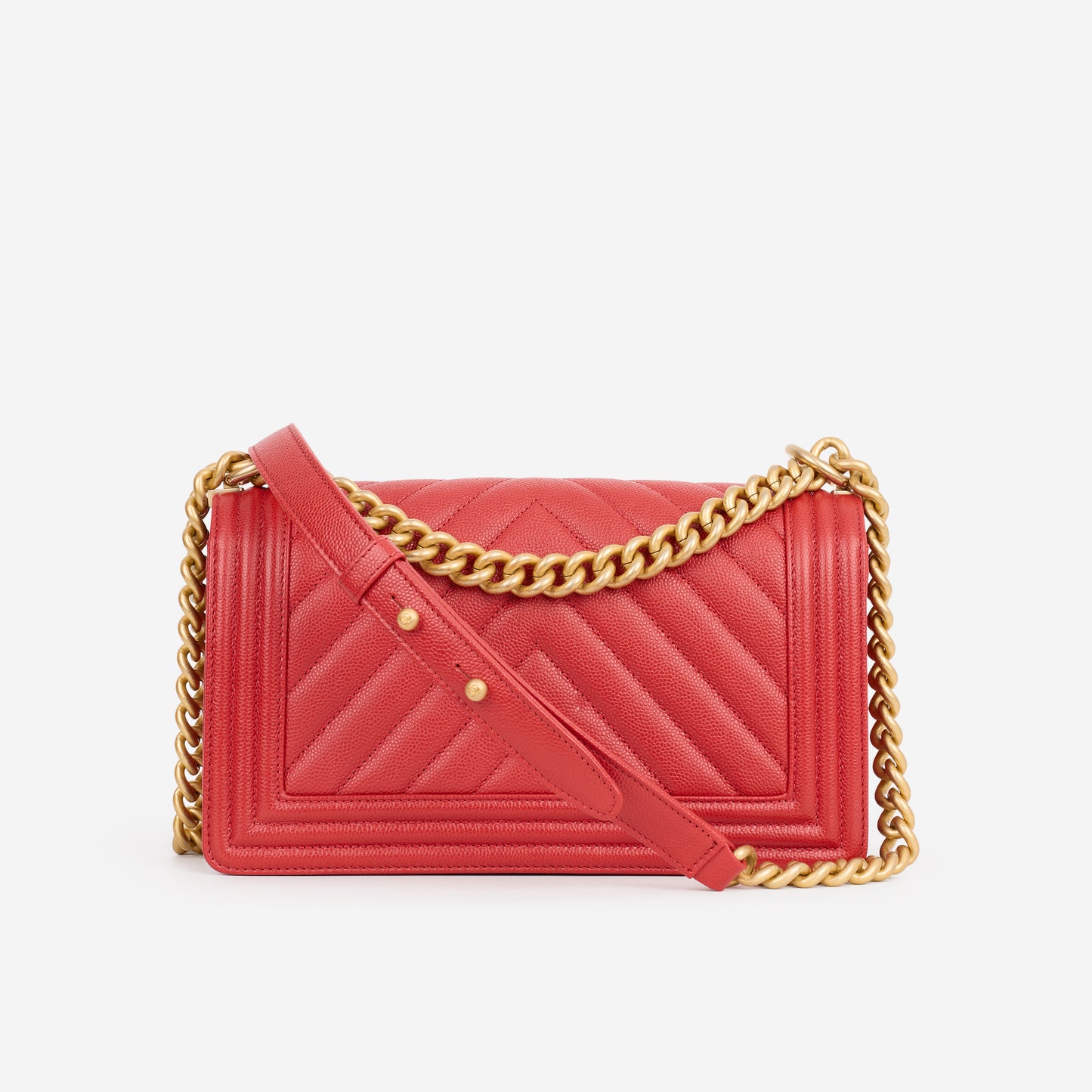 Chanel Old Medium Boy Bag - Red Chevron Caviar | Aged Gold Hardware - Bagista